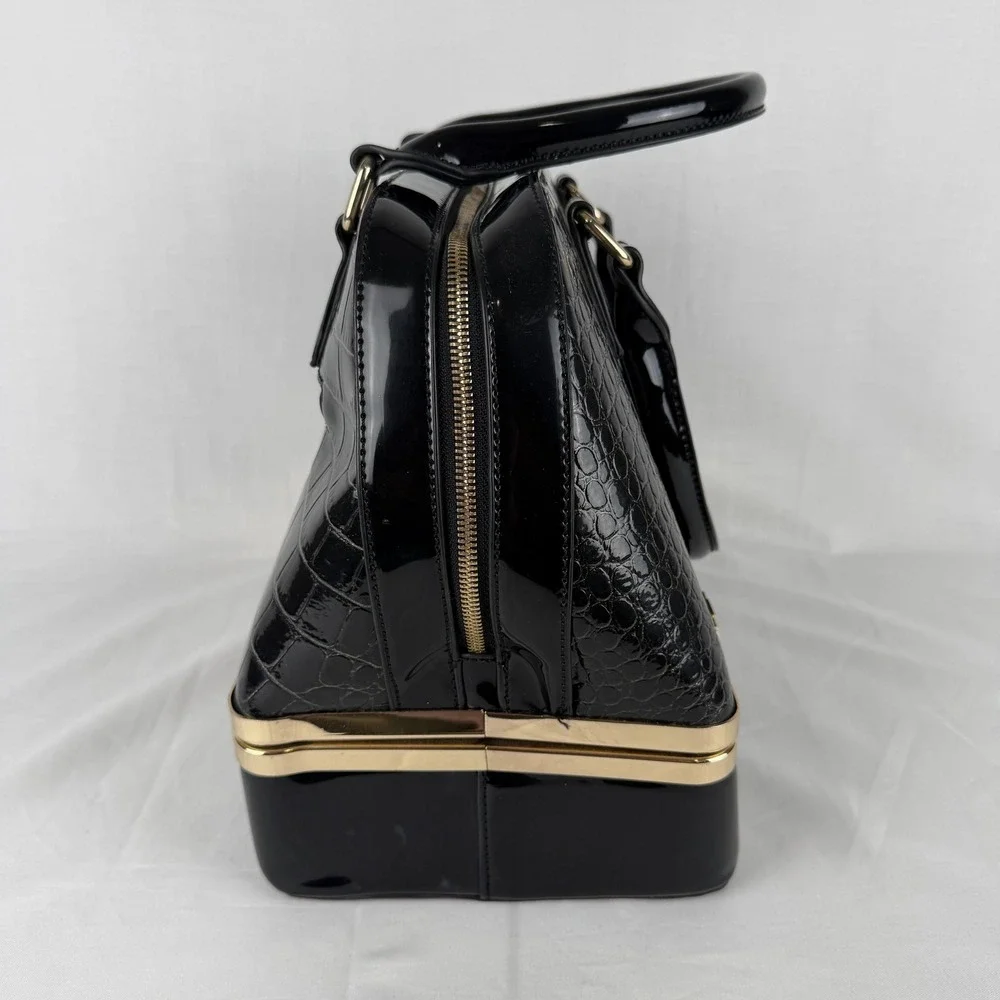 Black Patent Croc Embossed Satchel Handbag Gold Hardware Dual Compartment Bag
